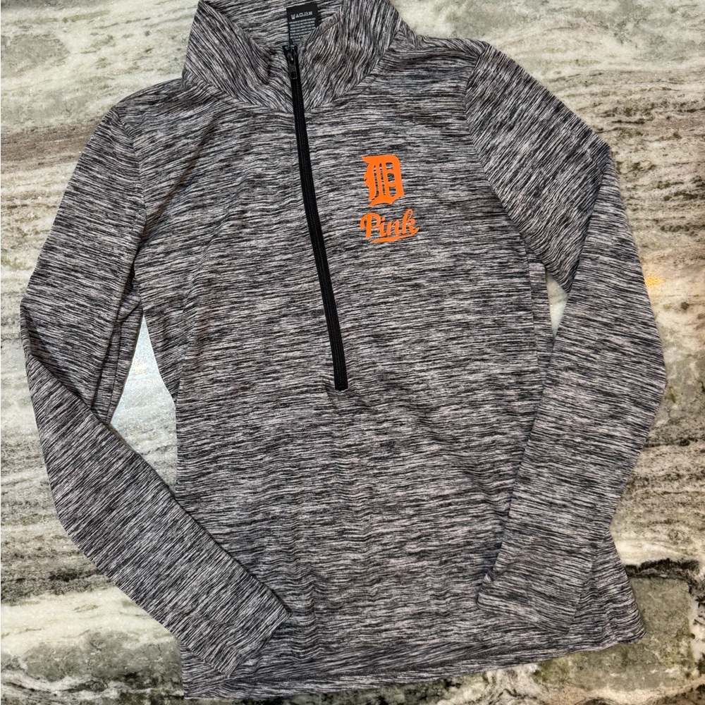 PINK Victoria's Secret Gray Space-Dye Half-Zip Pullover with Orange Logo